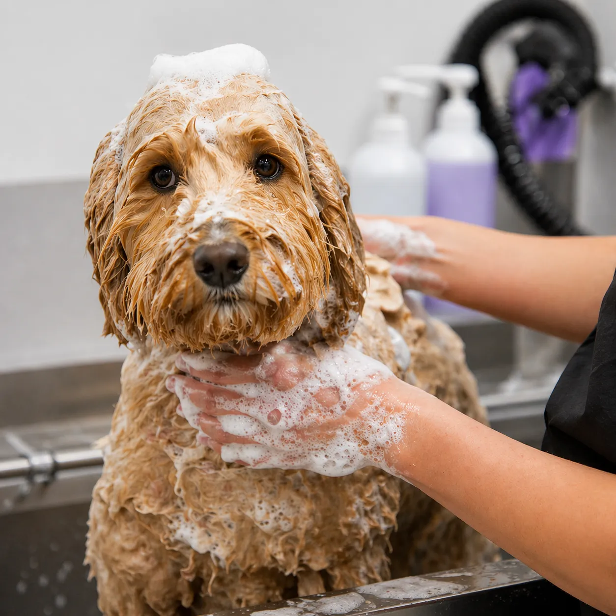 Dog being bathed during a Leoluxe grooming appointment