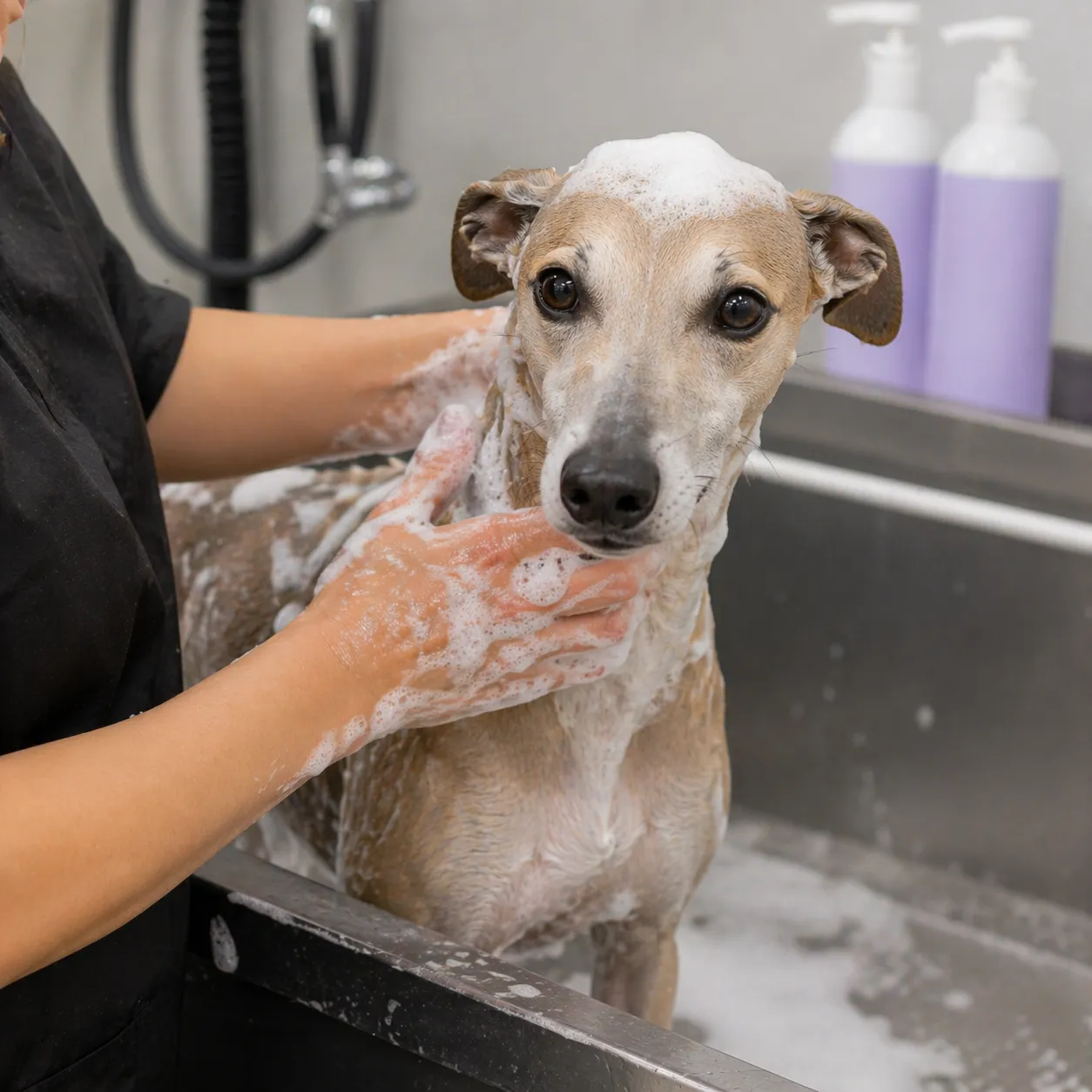 Smooth-coated dog during a bath-only grooming appointment